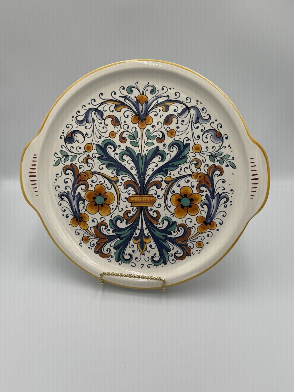 ITALY -Ceramic Nova Deruta RICCO 13.5" Round Handled Serving Platter Collectible